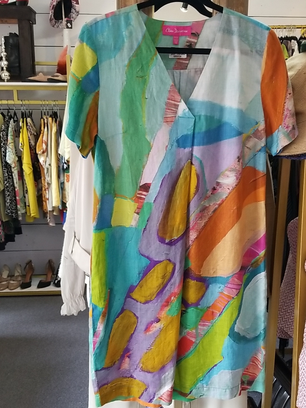 Abstract Multicolor V-Neck Midi Dress by Claire Desjardins - Turquoise & Orange